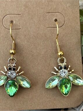 Gold Bee Drop Earrings with Peridot Green Crystals